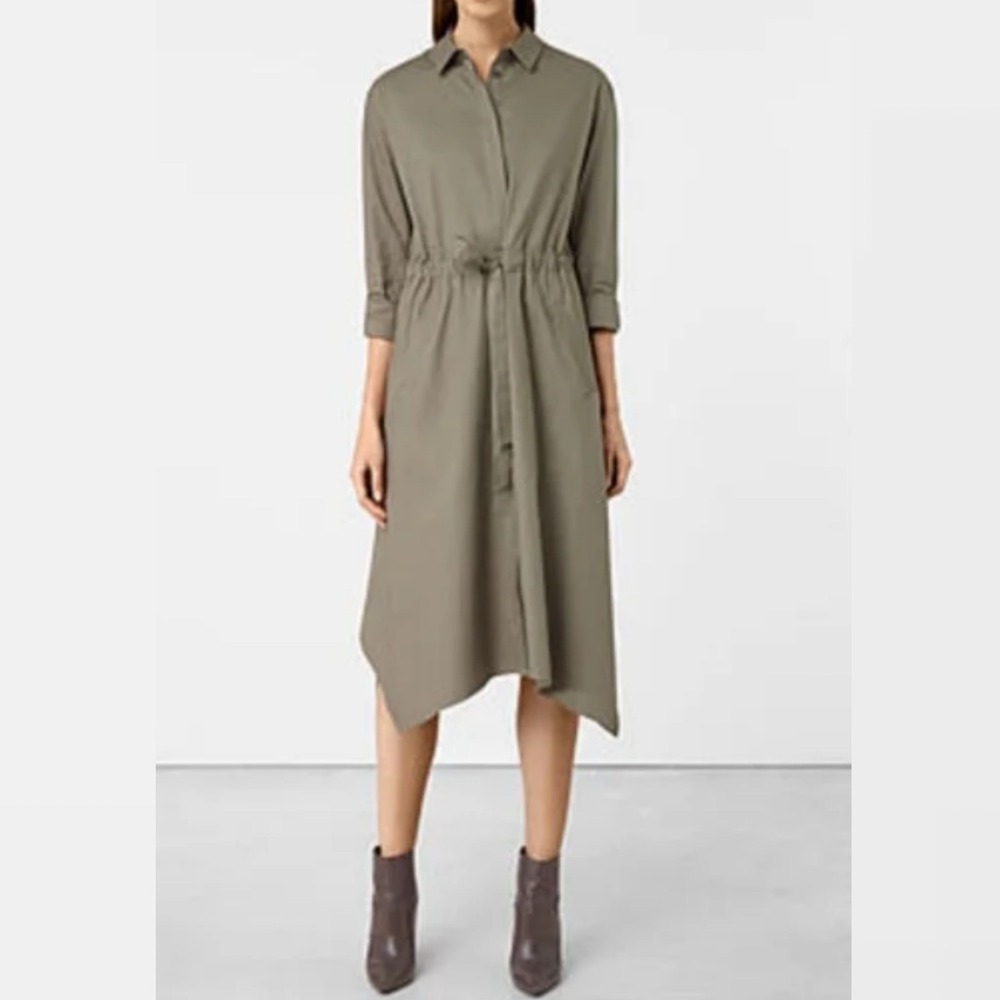 AllSaints Riva Dress Khaki Green Sz 0 Belted Asymmetric Hem Minimal 100% Cotton